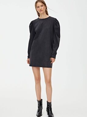 Pull&Bear| Black Stone Washed Puff-Sleeve Cotton Jersey Knit Mini Dress Sz S
